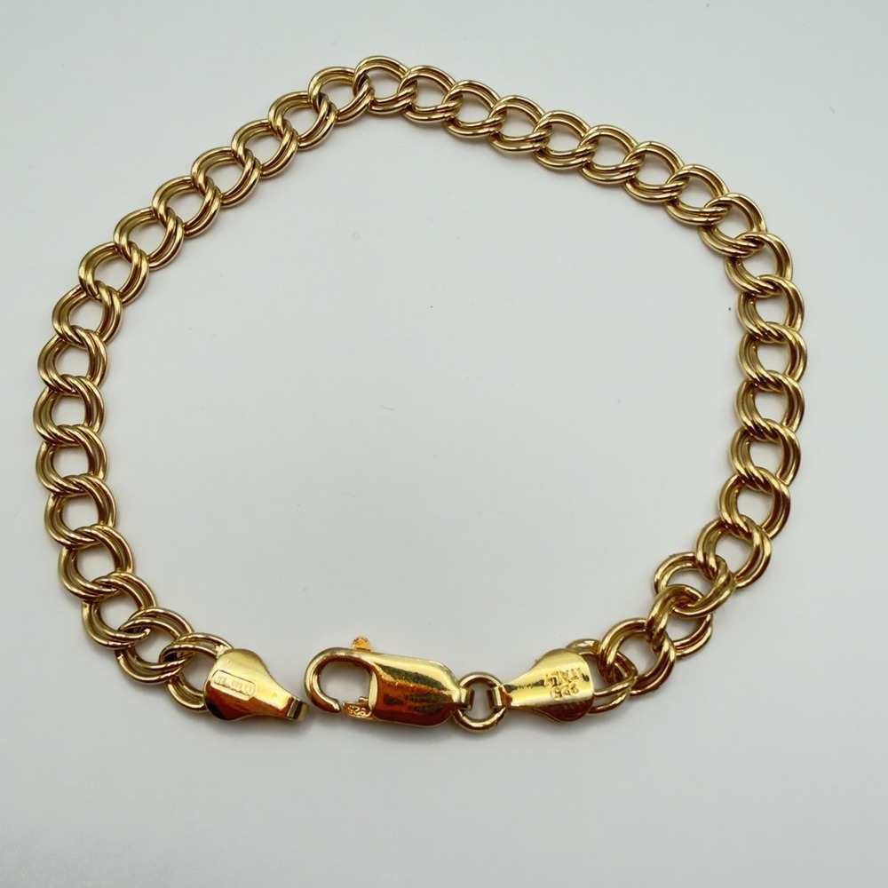 Vtg 925 Italy Curb Double Link Chain Charm Bracelet Gold Vermeil 7.75" 6.5mm